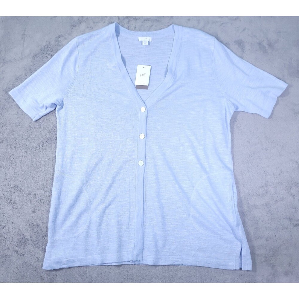 J Jill Cardigan Womens Medium PETITE Blue Linen Blend Vneck Short Sleeve NEW